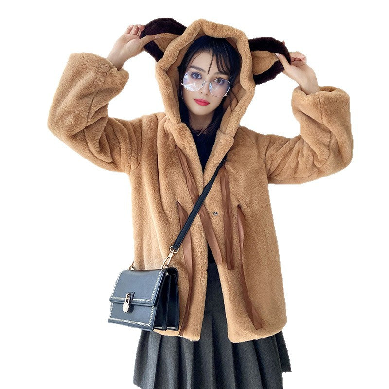 Damen Kuschelige Kunstpelzjacke mit Kapuze und Schleifendetails Merchesia