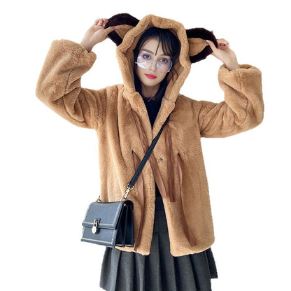 Damen Kuschelige Kunstpelzjacke mit Kapuze und Schleifendetails Merchesia