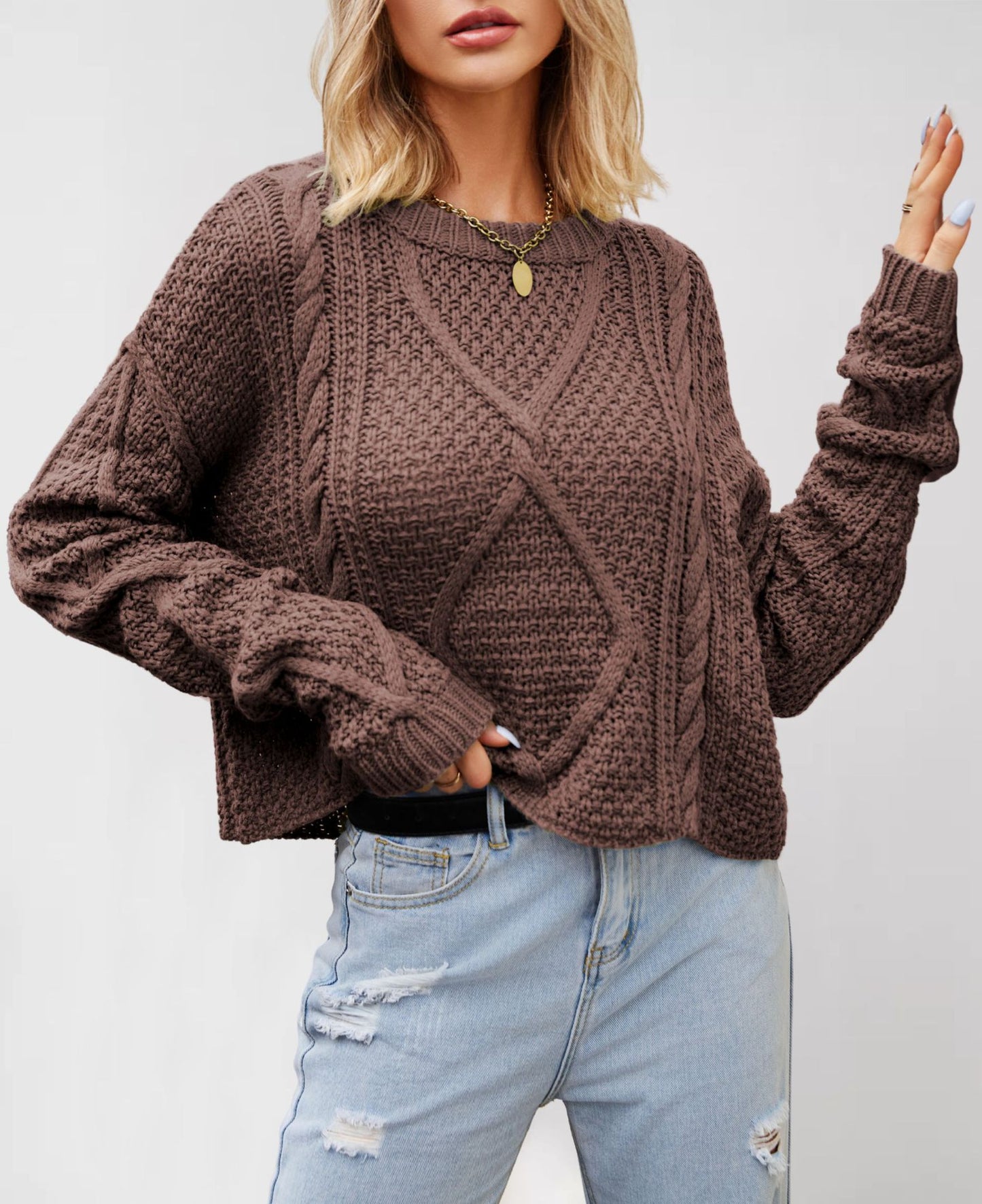 Damen Grobstrickpullover mit strukturiertem Zopfmuster Merchesia