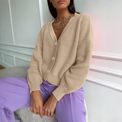 Damen kuschelige Strickjacke mit umschlagbaren Ärmeln und modischen Knopfdetails Merchesia