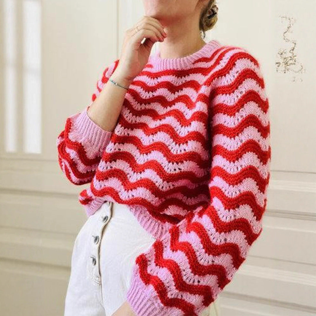 Damen Strickpullover mit wellenförmigem Muster und großzügigem Schnitt Merchesia