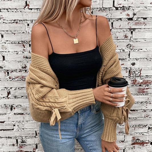 Damen modische Strickjacke mit voluminösen Ärmeln und Zopfmuster Merchesia