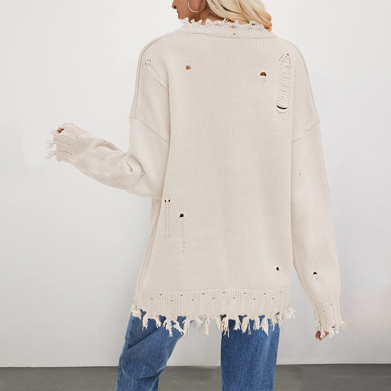 Damen lässiger Pullover mit Flaggenmuster und fransigem Saum Merchesia