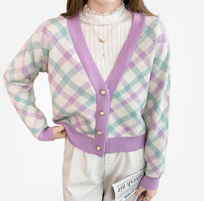 Damen modischer Strickcardigan mit Karomuster und eleganter Knopfleiste Merchesia