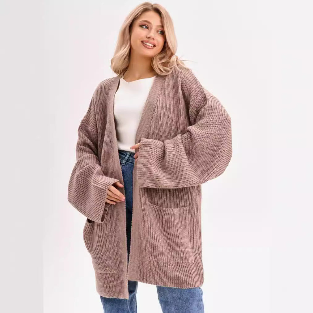 Damen Großer Strickcardigan mit voluminösen Ärmeln und praktischen Taschen Merchesia