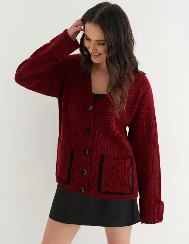 Damen Lässiger Strickcardigan mit tiefem V-Ausschnitt und praktischen Taschen Merchesia