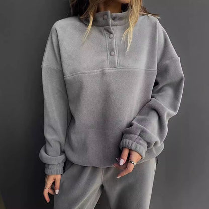 Damen Freizeitlicher Fleece-Pullover mit halber Knopfleiste und lässigem Schnitt Merchesia