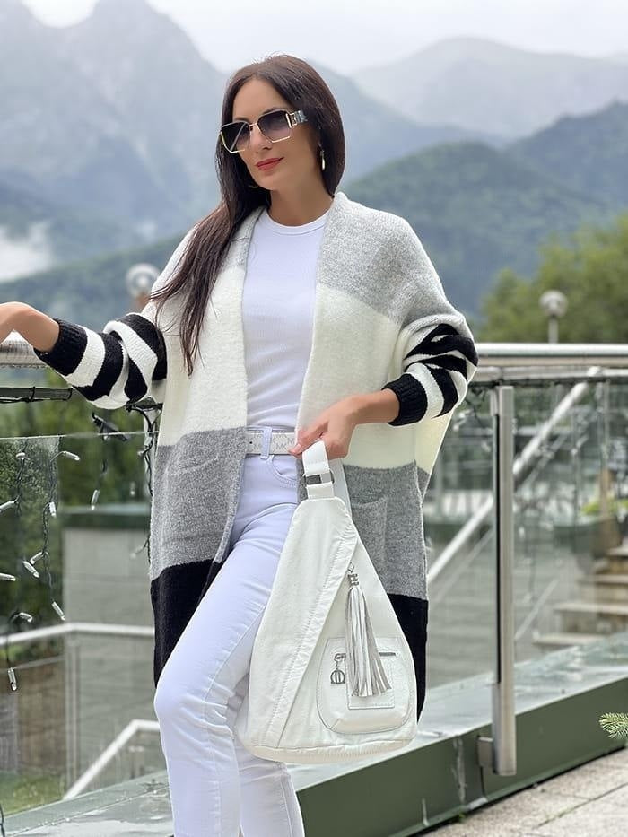 Damen lässiger Strickcardigan mit modischem Blockstreifenmuster und weitem Schnitt Merchesia