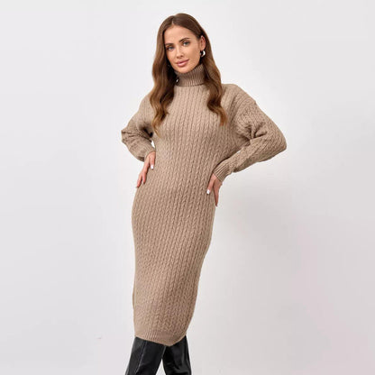 Damen Strickkleid mit hohem Kragen und Zopfmuster Merchesia