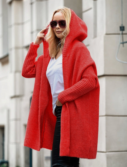 Damen lässiger Strickcardigan mit Kapuze und weiten Ärmeln Merchesia