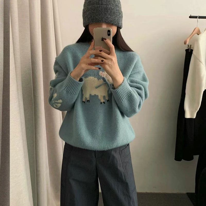 Damen kuscheliger Strickpullover mit aufwendigem Tiermotiv Merchesia