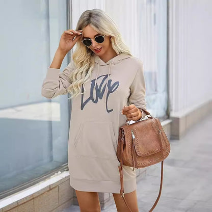 Damen Hoodie-Kleid mit Kängurutasche und auffälligem Schriftzug Merchesia