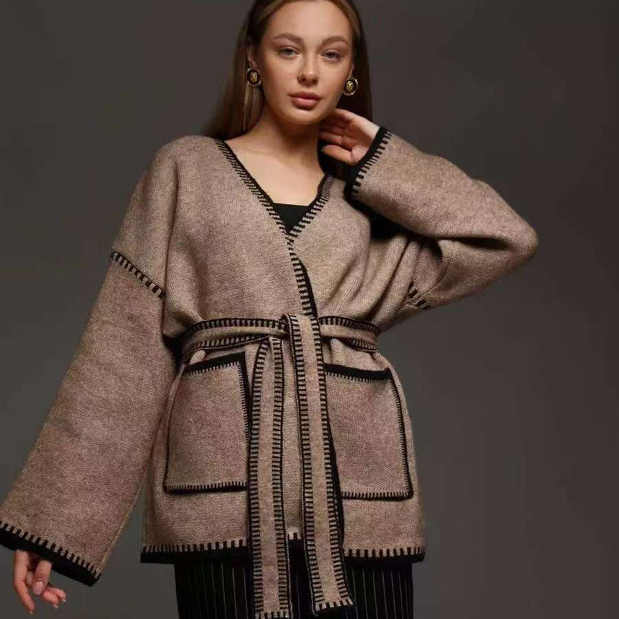 Damen gemütlicher Strickcardigan mit tiefem V-Ausschnitt und praktischen Taschen Merchesia