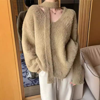 Damen Grobstrickpullover mit tiefem V-Ausschnitt und schicker Banddetails Merchesia