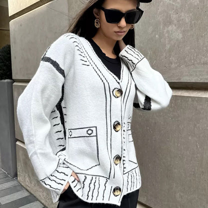 Damen Designer-Strickjacke mit auffälligem geometrischem Muster und großen Knöpfen Merchesia