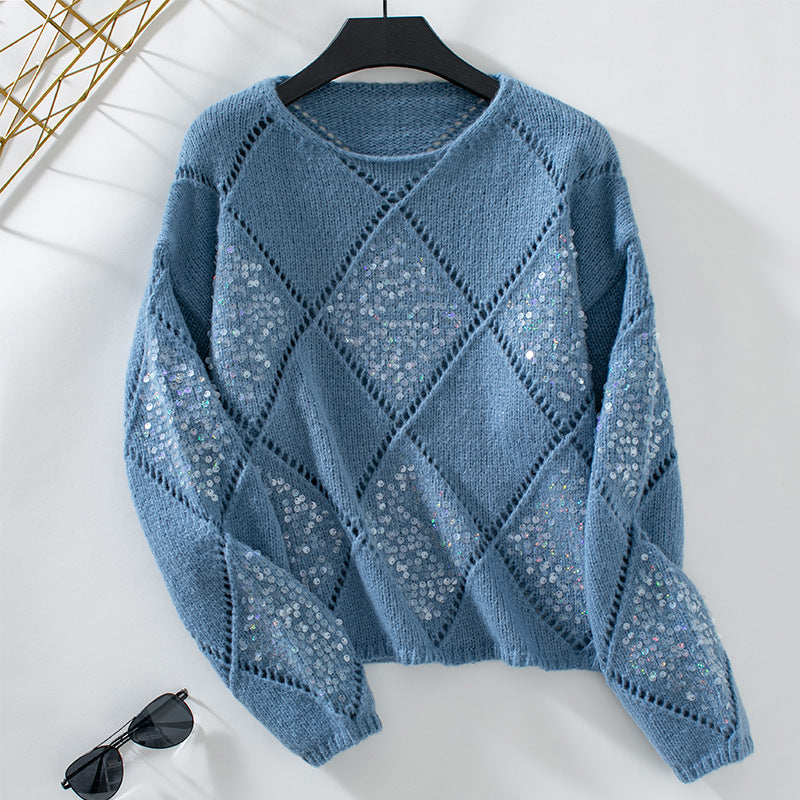 Damen modischer Pullover mit aufwendigem Strickdesign und Glitzerelementen Merchesia