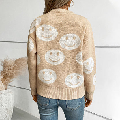 Damen lässiger Pullover mit fröhlichem Smiley-Muster Merchesia
