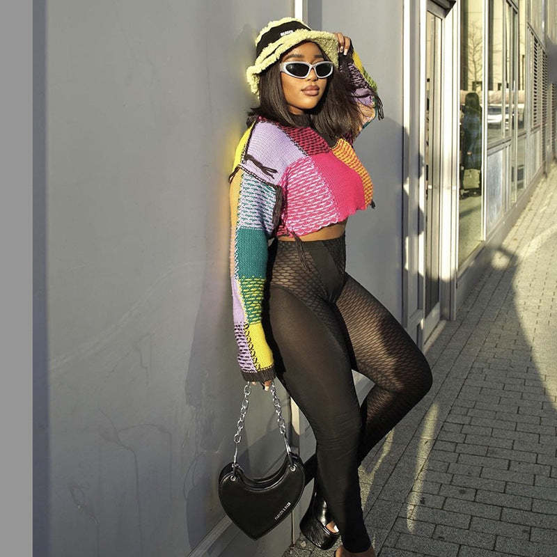 Damen modischer cropped Pulli mit buntem Patchwork-Design Merchesia