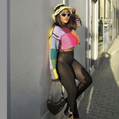 Damen modischer cropped Pulli mit buntem Patchwork-Design Merchesia