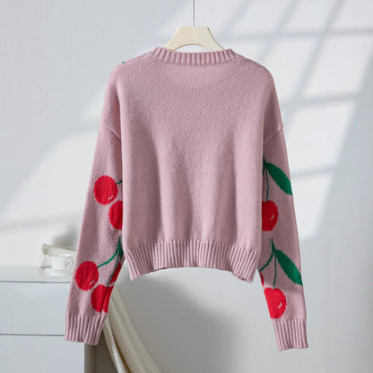 Damen lässiger Pullover mit fruchtigem Kirschmuster und weichem Strick Merchesia