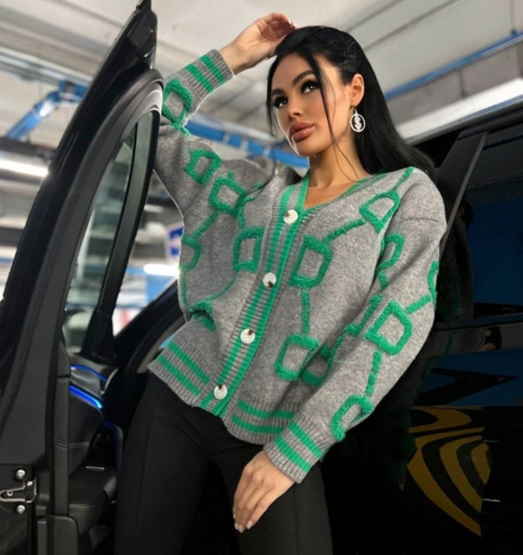 Damen Strickjacke mit grafischem Muster und Knopfdetails Merchesia