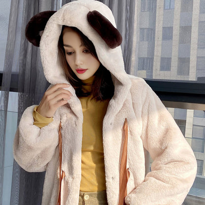 Damen Kuschelige Kunstpelzjacke mit Kapuze und Schleifendetails Merchesia