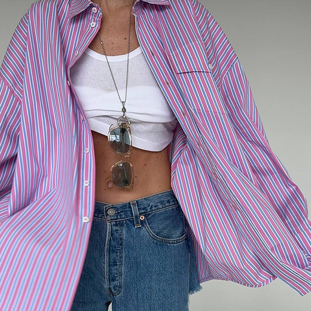 Damen Oversized Hemdbluse mit feinen Streifen Merchesia