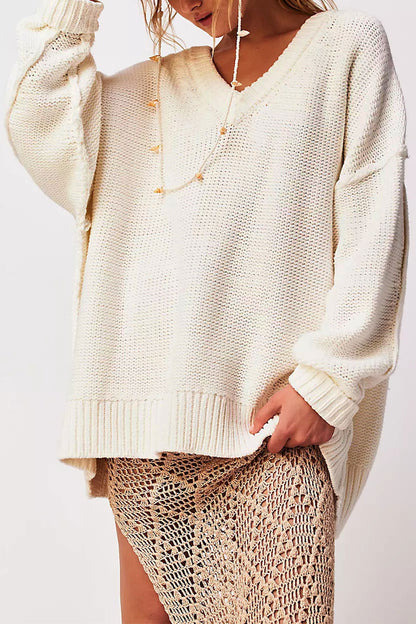 Damen V-Ausschnitt Oversized Pullover mit strukturiertem Strickmuster Merchesia