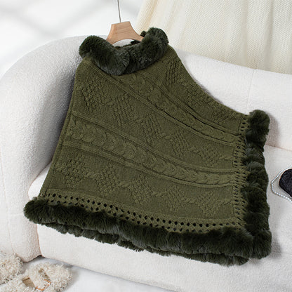 Damen kuscheliger Strickponcho mit samtigem Fellbesatz Merchesia