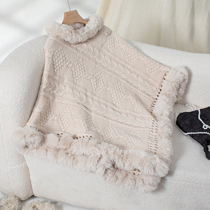 Damen kuscheliger Strickponcho mit samtigem Fellbesatz Merchesia