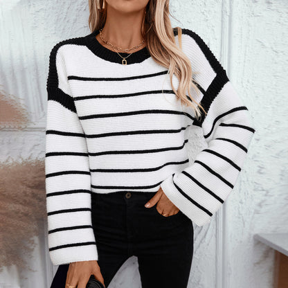 Damen lässiger Strickpullover mit blockierendem Streifenmuster und weitem Schnitt Merchesia