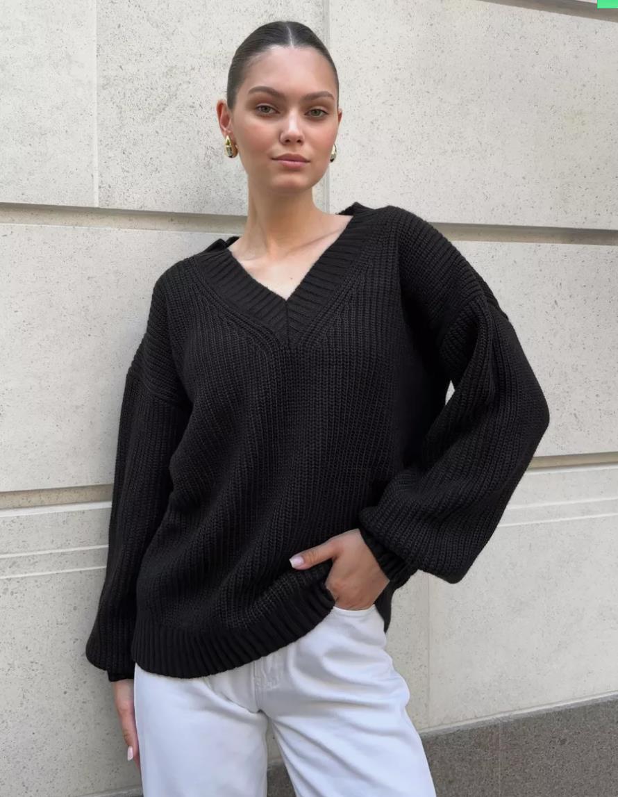 Damen lässiger Pullover mit V-Ausschnitt und voluminösen Ärmeln Merchesia