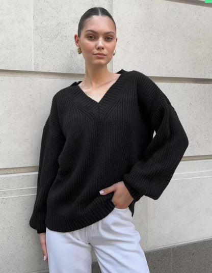 Damen lässiger Pullover mit V-Ausschnitt und voluminösen Ärmeln Merchesia
