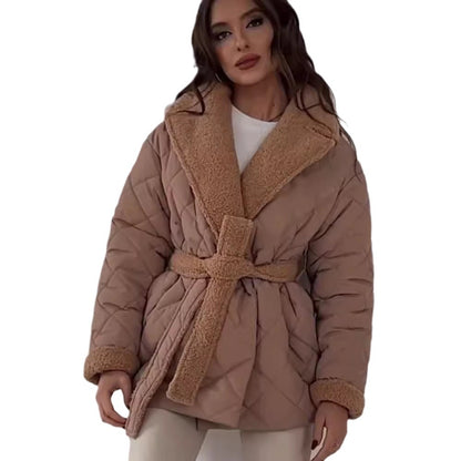 Damen gesteppte Winterjacke mit weichem Kragen und Gürtel Merchesia