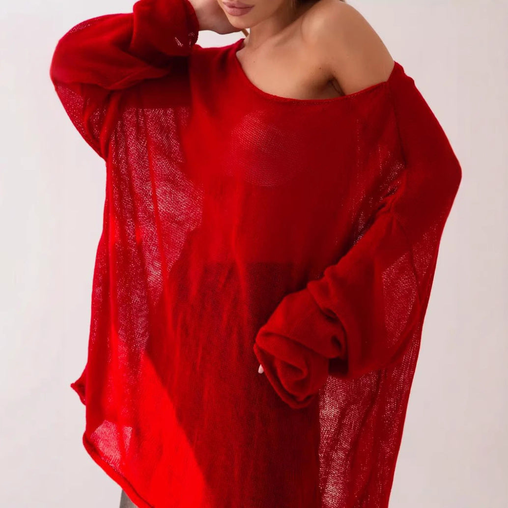 Damen luftige Strickbluse mit offenen Schultern und weiten Ärmeln Merchesia