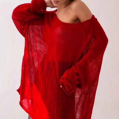 Damen luftige Strickbluse mit offenen Schultern und weiten Ärmeln Merchesia