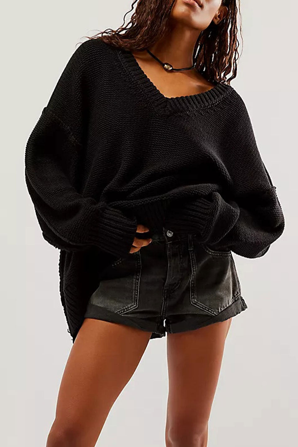 Damen V-Ausschnitt Oversized Pullover mit strukturiertem Strickmuster Merchesia