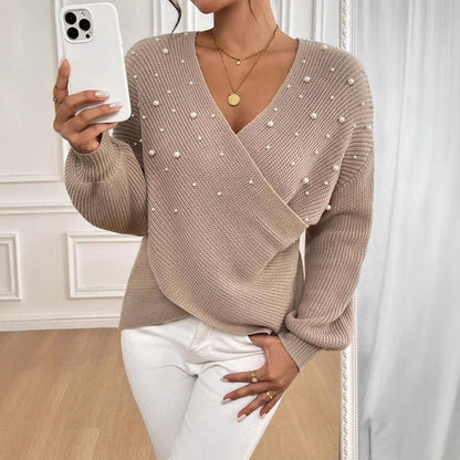 Damen offener Strickpullover mit Perlendetails Merchesia
