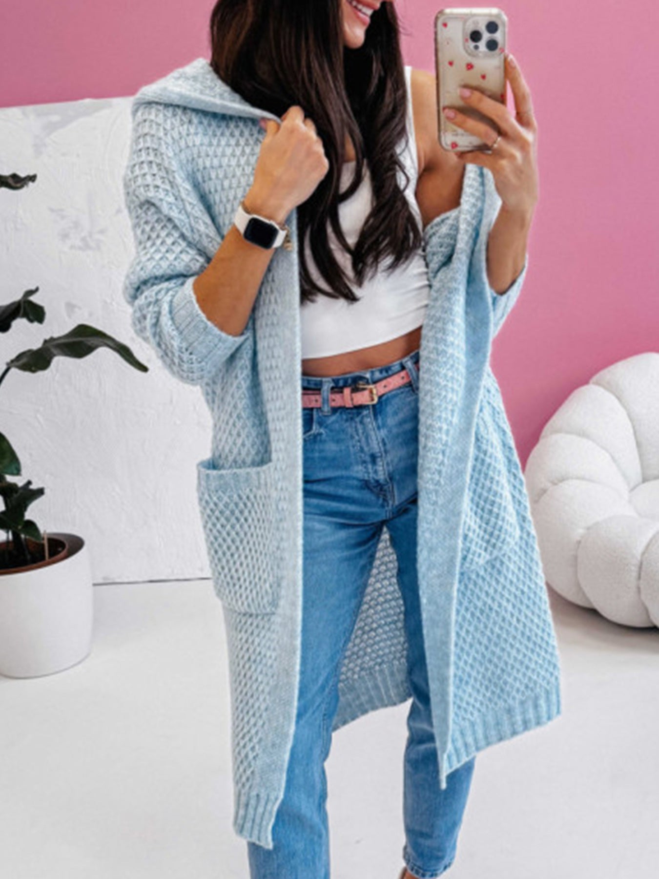 Damen Strickmantel mit luftiger Maschenstruktur und praktischen Taschen Merchesia