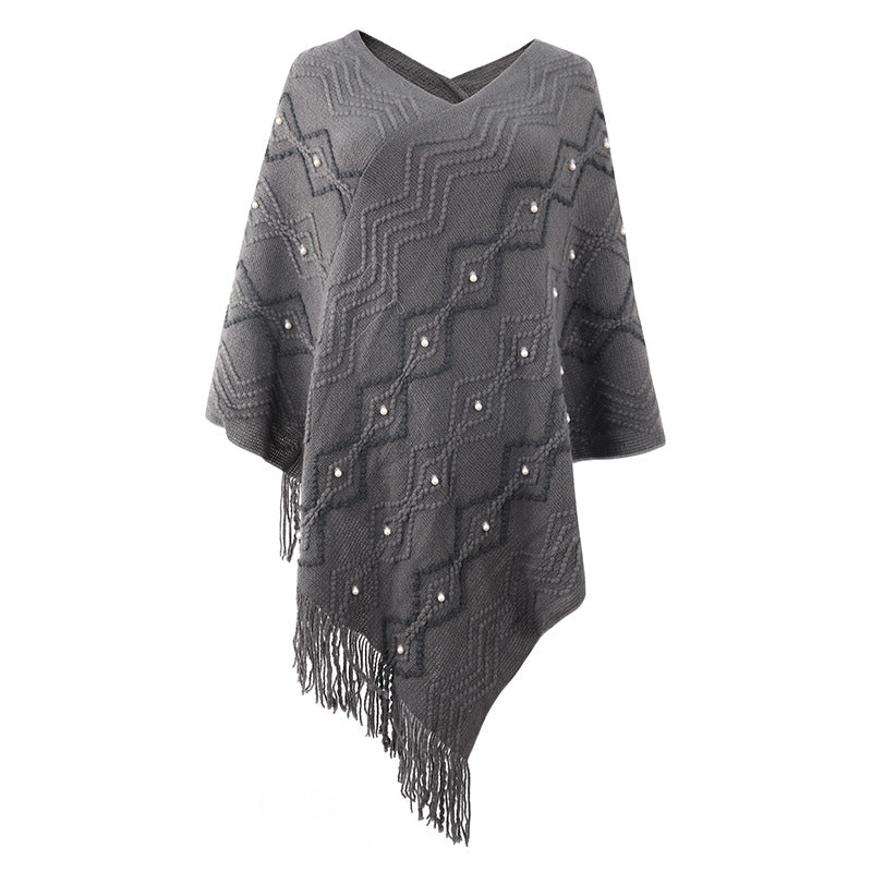 Damen eleganter Poncho mit auffälligem Strukturmuster und dekorativen Fransen Merchesia