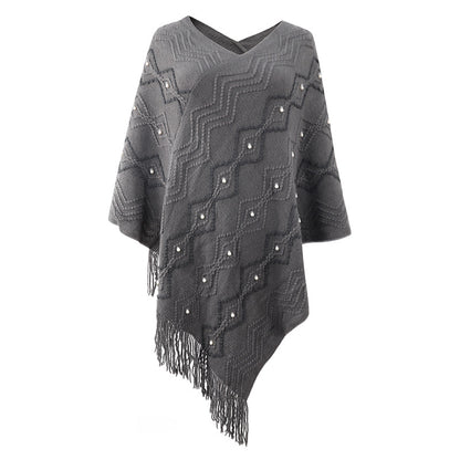 Damen eleganter Poncho mit auffälligem Strukturmuster und dekorativen Fransen Merchesia