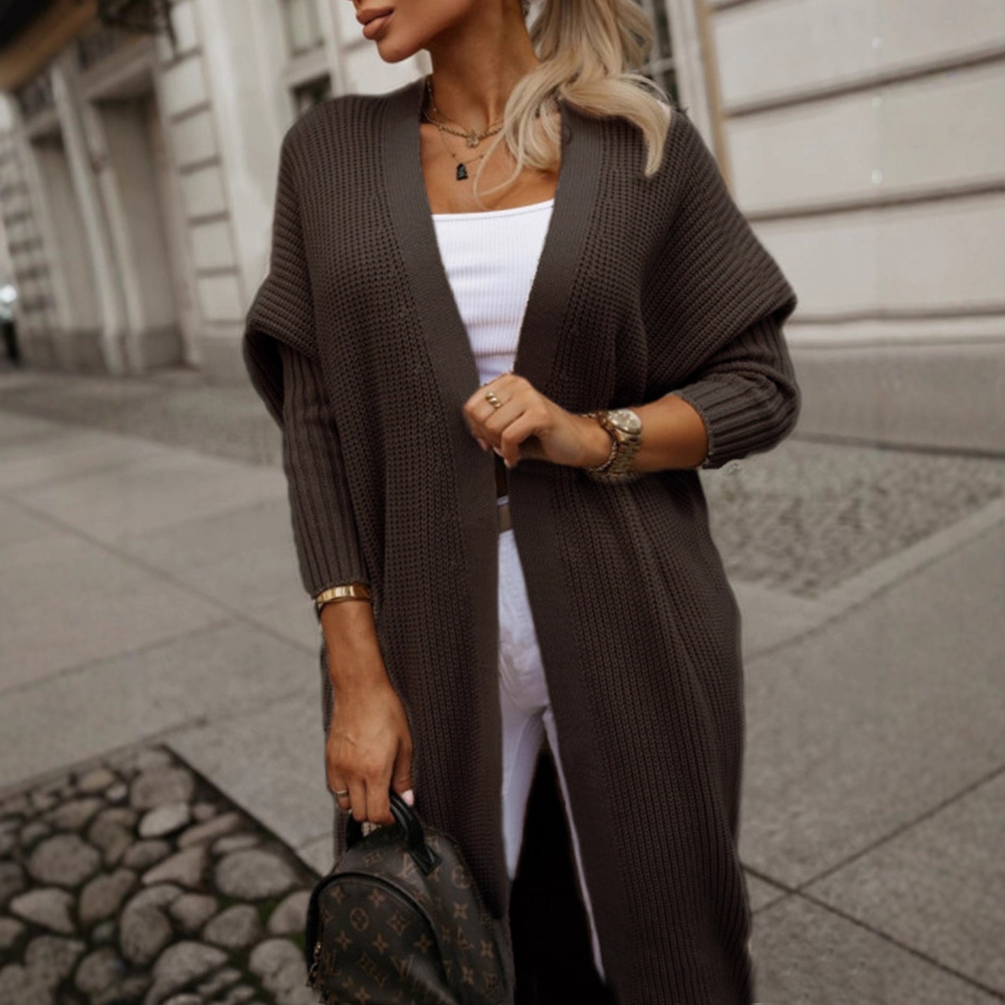 Damen modische Langarm Strickjacke mit offenem Schnitt und Waffelmuster Merchesia