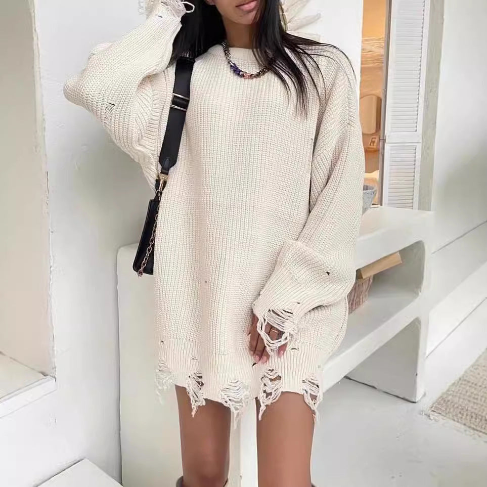 Damen Großer Strickpullover mit distressed Saum Merchesia