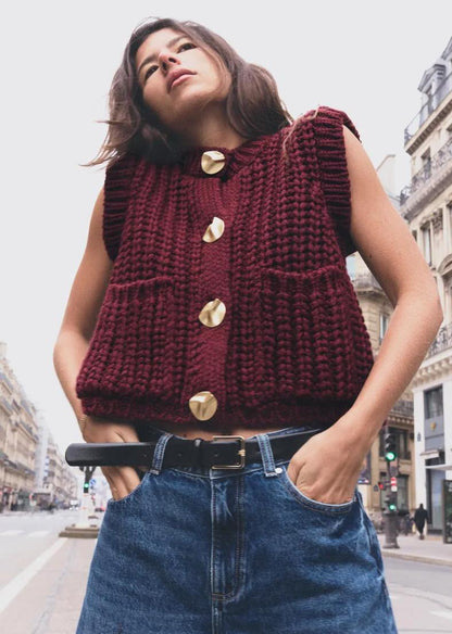 Damen gemütliche Strickweste mit großen Knöpfen und praktischen Taschen Merchesia