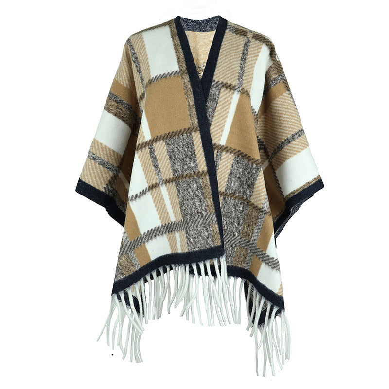 Damen eleganter Poncho mit modernem Karomuster und Fransen Merchesia