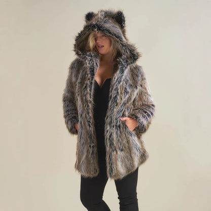 Damen Hooded Faux-Fur-Mantel mit Ohrenschützer Merchesia