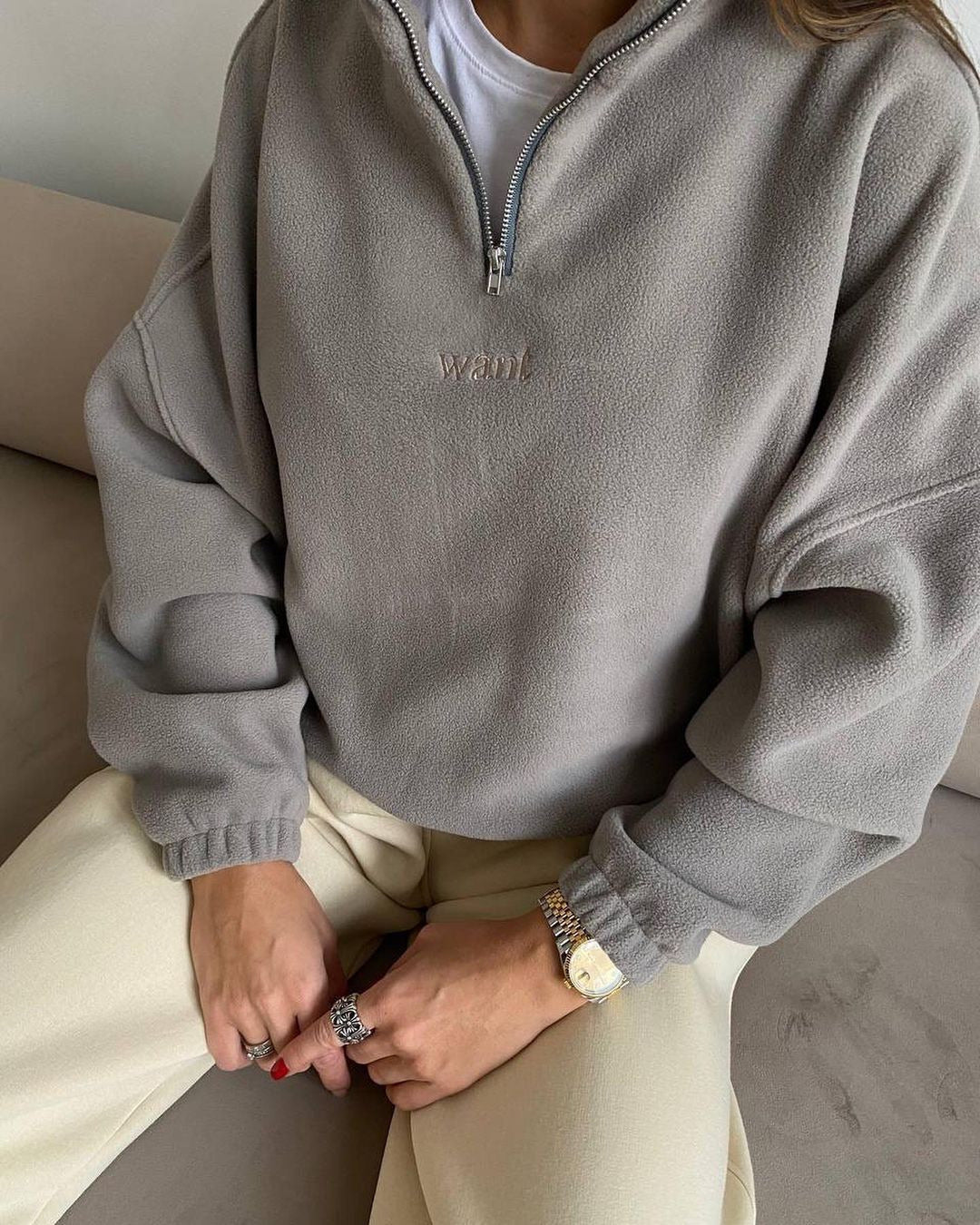 Damen modischer Fleece-Pullover mit Halb-Reißverschluss und überschnittenen Schultern Merchesia