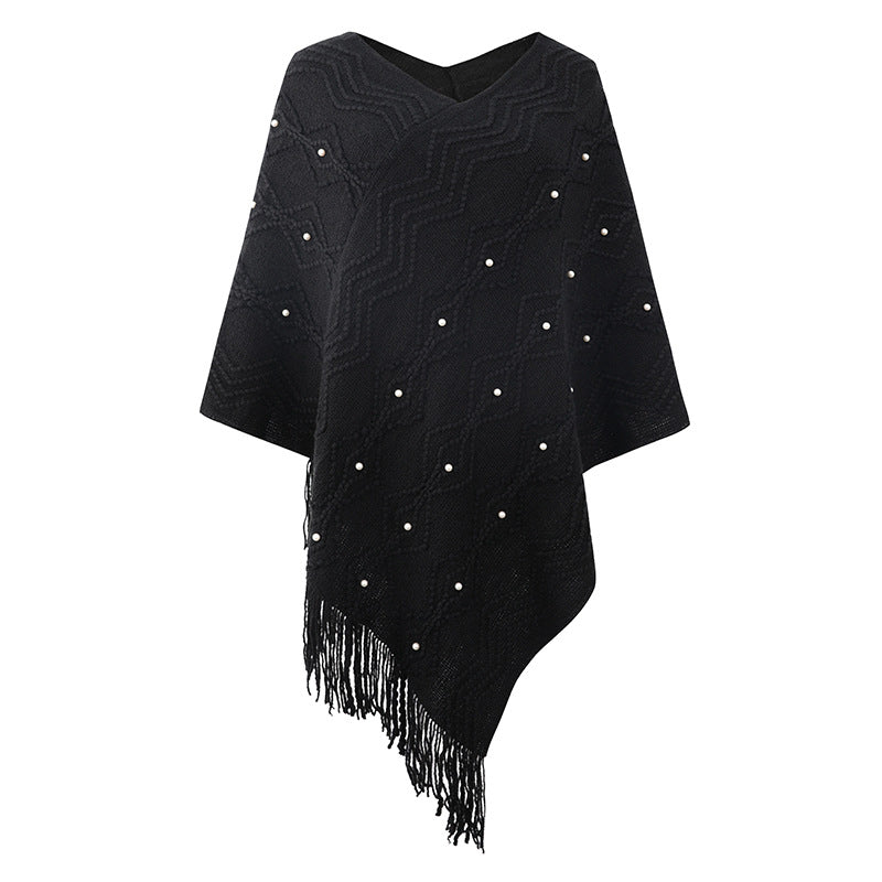 Damen eleganter Poncho mit auffälligem Strukturmuster und dekorativen Fransen Merchesia