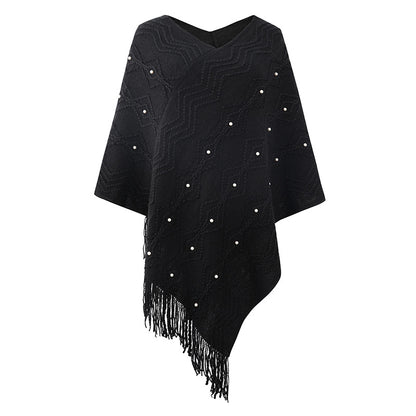 Damen eleganter Poncho mit auffälligem Strukturmuster und dekorativen Fransen Merchesia