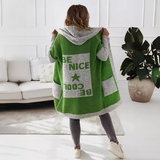 Damen Strickmantel mit Kapuze und modischem Farbblockdesign Merchesia